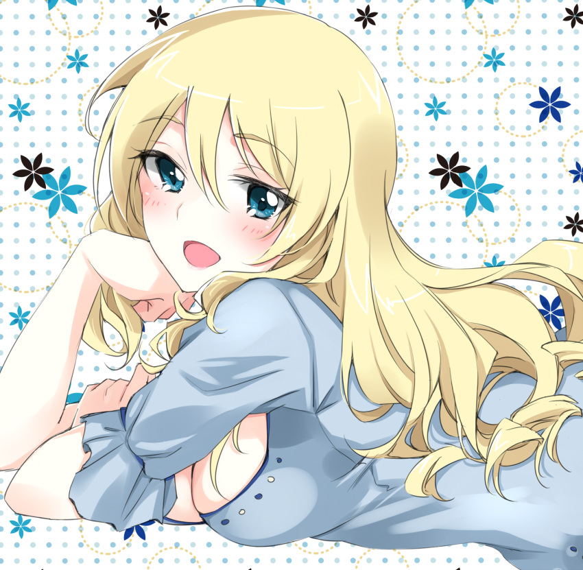 1girl alternate_hairstyle arm_grab bangs blue_shirt blush breasts chin_rest circle cleavage commentary_request darjeeling eyebrows_visible_through_hair girls_und_panzer hair_down highres hinase_(twoxout) long_hair looking_at_viewer lying medium_breasts on_stomach open_mouth polka_dot polka_dot_background shirt short_sleeves smile solo