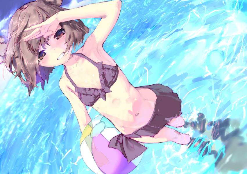 1girl animal_ears areks arm_up armpits ball bangs bare_arms bare_shoulders beach beachball bear_ears bikini bikini_skirt blue_sky breasts brown_eyes brown_hair collarbone commission day grin highres looking_at_viewer miniskirt navel ocean original outdoors perspective short_hair skirt sky small_breasts smile summer swimsuit water