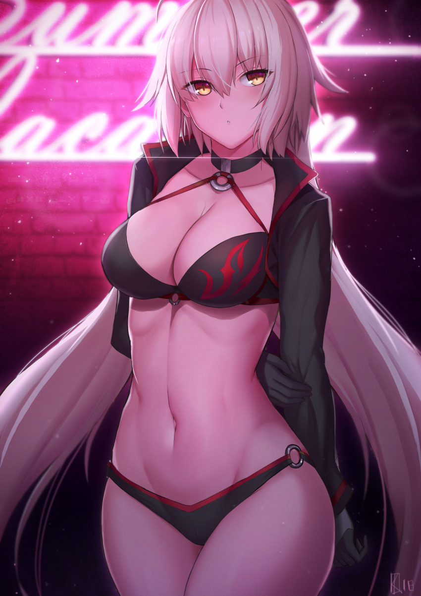 1girl arm_behind_back bangs bikini black_bikini black_choker black_gloves black_jacket blush breasts brick_wall choker cleavage collarbone commentary cowboy_shot cropped_jacket english_commentary eyebrows_visible_through_hair eyes_visible_through_hair fate/grand_order fate_(series) gloves grey_hair groin hair_between_eyes high_collar highres holding_arm jacket jeanne_d'arc_(alter_swimsuit_berserker) jeanne_d'arc_(fate)_(all) kakeku large_breasts legs_together light_trail long_hair long_sleeves looking_at_viewer navel neon_lights night o-ring o-ring_bikini o-ring_bottom o-ring_top open_clothes open_jacket orange_eyes pale_skin parted_lips print_bikini shiny shiny_hair sidelocks signature slit_pupils solo standing stomach swimsuit very_long_hair