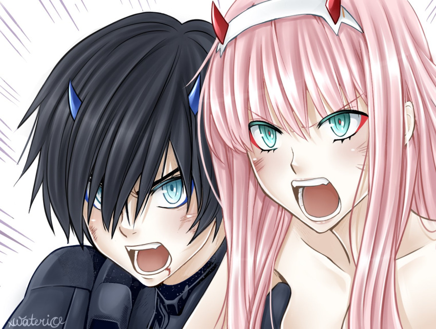 1boy 1girl bangs black_bodysuit black_hair blood blood_from_mouth blue_eyes blue_horns bodysuit collarbone commentary couple darling_in_the_franxx dirty dirty_face english_commentary eyebrows_visible_through_hair fangs green_eyes hair_ornament hair_over_one_eye hairband hetero hiro_(darling_in_the_franxx) horns injury long_hair oni_horns open_mouth pilot_suit pink_hair red_horns screaming shirtless short_hair signature white_hairband xwaterice zero_two_(darling_in_the_franxx)