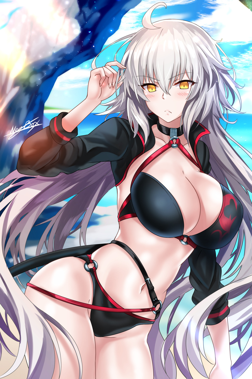 1girl absurdres bangs bikini black_bikini black_jacket blush breasts choker cleavage closed_mouth collarbone commentary_request fate/grand_order fate_(series) highres jacket jeanne_d'arc_(alter_swimsuit_berserker) jeanne_d'arc_(fate)_(all) large_breasts long_hair looking_at_viewer nez-kun o-ring solo swimsuit very_long_hair yellow_eyes