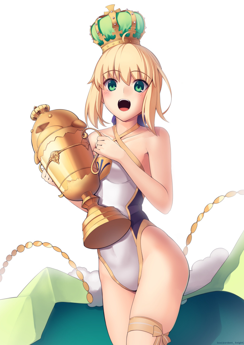 1girl absurdres ahoge artoria_pendragon_(all) bangs blonde_hair blush boa_(brianoa) crown fate/grand_order fate/stay_night fate_(series) green_eyes hair_bun highres holding one-piece_swimsuit open_mouth saber smile solo swimsuit trophy