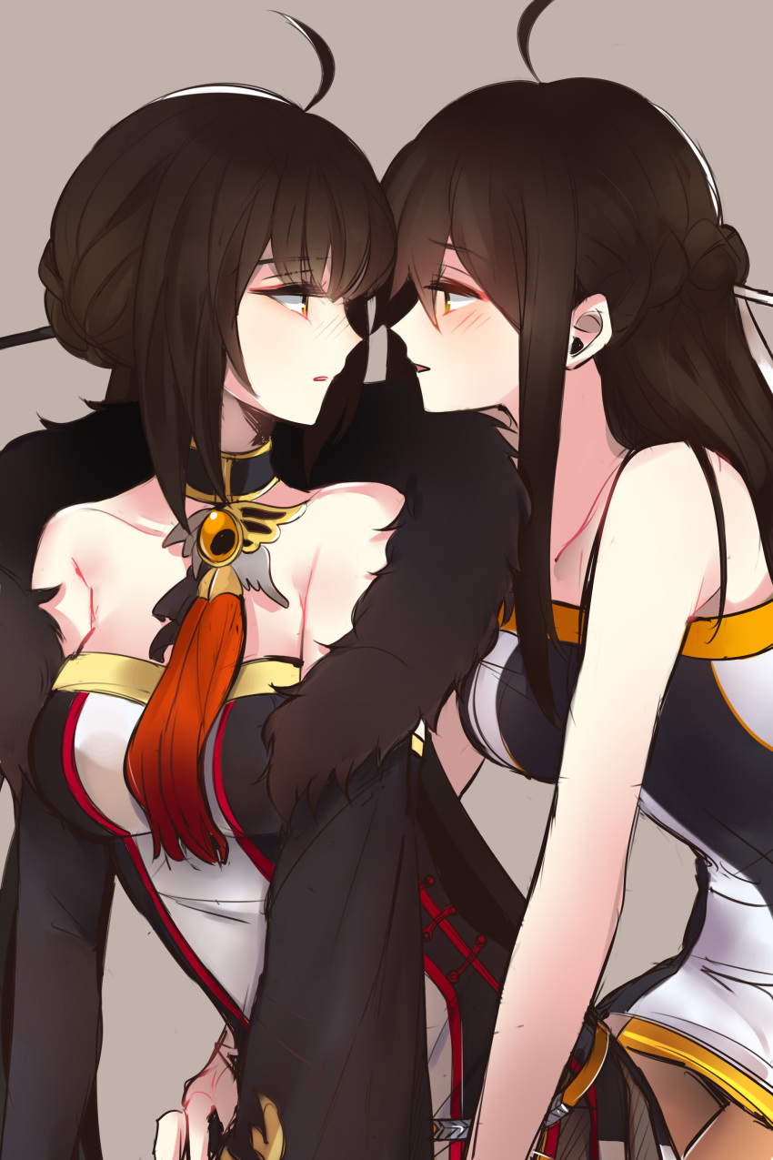 2girls absurdres ahoge ara_han bare_shoulders black_gloves black_hair blush brooch brown_background choker dual_persona elbow_gloves elsword face-to-face gloves hair_ornament hair_stick highres imminent_kiss jewelry lifeaini long_hair looking_at_another multiple_girls open_mouth sakra_devanam_(elsword) selfcest upper_body yama_raja_(elsword) yellow_eyes yuri