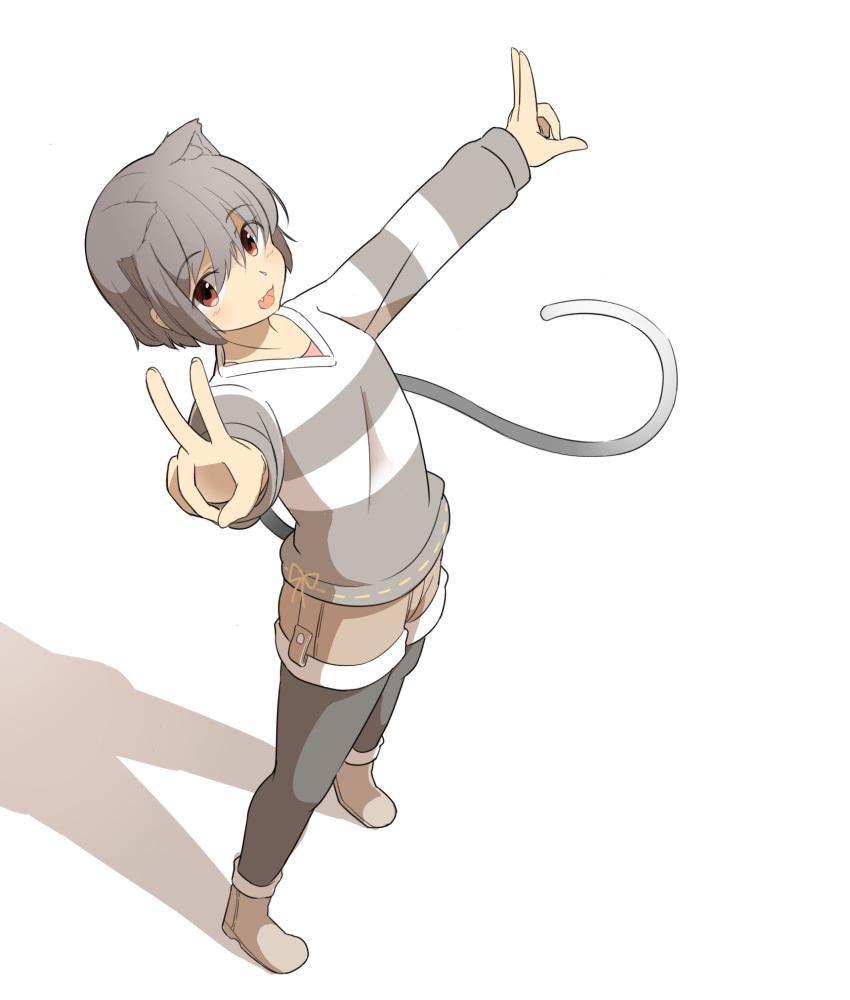 1girl :3 animal_ears artist_request brown_eyes cat_ears double_v eyebrows_visible_through_hair fang grey_hair highres looking_at_viewer original pantyhose pantyhose_under_shorts shadow short_shorts shorts tail v white_background