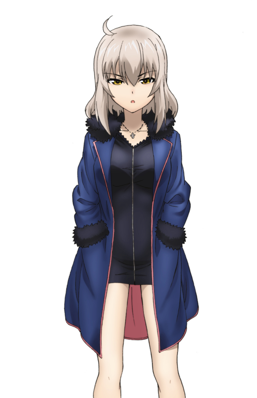 1girl :o absurdres ahoge alternate_eye_color black_dress blue_coat brown_eyes coat commentary cosplay cross cwind dress eyebrows_visible_through_hair fate/grand_order fate_(series) fur-trimmed_coat fur_trim girls_und_panzer highres itsumi_erika jeanne_d'arc_(alter)_(fate) jeanne_d'arc_(alter)_(fate)_(cosplay) jeanne_d'arc_(fate)_(all) jewelry long_hair looking_at_viewer necklace open_clothes open_coat open_mouth short_dress silver_hair simple_background solo standing white_background