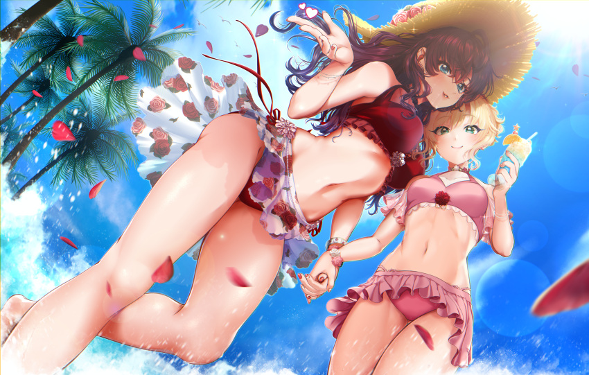 2girls absurdres akapii_(jun_0512) bangs bikini bikini_skirt blonde_hair blue_eyes blush bracelet breasts clouds commentary_request drink drinking_straw fingernails floral_print from_below glass green_eyes hair_between_eyes hand_holding heart highres holding huge_filesize ichinose_shiki idolmaster idolmaster_cinderella_girls jewelry lens_flare looking_at_viewer medium_breasts multiple_girls nail_polish outdoors palm_tree parted_lips petals purple_hair sakurai_momoka side-tie_bikini sky small_breasts smile standing summer sunlight swimsuit tree water