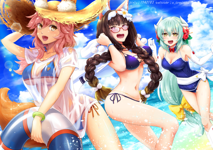 3girls animal_ear_fluff animal_ears anmitsu_maru aqua_hair bikini bikini_under_clothes black_hair blonde_hair blue_bikini blue_swimsuit blush bow breasts cleavage collarbone day dragon_girl dragon_horns ears_through_headwear fate/grand_order fate_(series) flower fox_ears fox_tail glasses gradient_hair green_hair hair_bow hair_flower hair_ornament hat hibiscus highres horns innertube kiyohime_(fate/grand_order) kiyohime_(swimsuit_lancer)_(fate) lady_foxy large_breasts long_hair multicolored_hair multiple_girls navel ocean one-piece_swimsuit open_mouth osakabe-hime_(fate/grand_order) outdoors pink_hair school_swimsuit semi-rimless_eyewear shirt side-tie_bikini straw_hat swimsuit tail tamamo_(fate)_(all) tamamo_no_mae_(swimsuit_lancer)_(fate) twintails twitter_username two-tone_hair very_long_hair violet_eyes wavy_mouth wet wet_clothes wet_shirt wet_t-shirt yellow_eyes