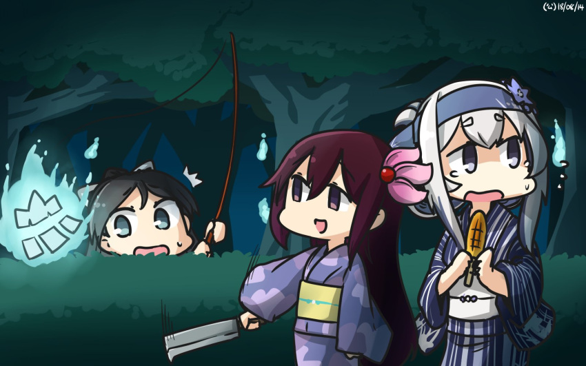 3girls black_hair blue_eyes blue_fire blue_kimono cleaver commentary_request corn cowboy_shot eating empty_eyes fire food forest hair_between_eyes hairband hamu_koutarou highres holding holding_food japanese_clothes kamoi_(kantai_collection) kantai_collection katsuragi_(kantai_collection) kimono kisaragi_(kantai_collection) long_hair multiple_girls nature obi open_mouth purple_hair purple_kimono rope sash shikigami silver_hair tail-tip_fire tree wide_sleeves yakitoumorokoshi yukata