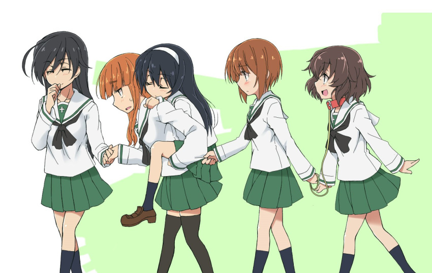 ahoge akiyama_yukari bangs black_eyes black_hair black_legwear black_neckwear blouse blunt_bangs blush brown_eyes brown_footwear brown_hair carrying closed_mouth collar commentary dog_collar eyebrows_visible_through_hair from_side frown girls_und_panzer green_skirt ground_vehicle hairband hand_holding hand_to_own_mouth holding holding_leash isuzu_hana kneehighs leash loafers long_hair long_sleeves looking_at_another looking_back messy_hair military military_vehicle miniskirt motor_vehicle neckerchief nishizumi_miho ooarai_school_uniform open_mouth orange_eyes orange_hair oteruko_(wanabeee) panzerkampfwagen_iv piggyback pleated_skirt reizei_mako school_uniform serafuku shoes short_hair silhouette skirt sleeping smile standing takebe_saori tank thigh-highs walking white_blouse white_hairband