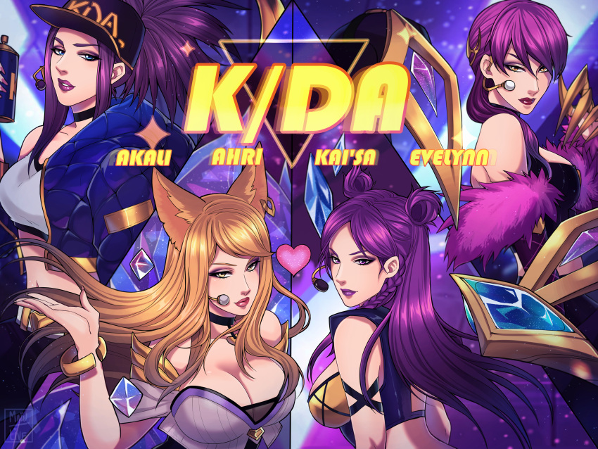 4girls absurdres ahri akali breasts character_name cleavage evelynn heart highres huge_filesize idol k/da-ahri k/da-akali k/da-evelynn k/da-kai'sa kai'sa league_of_legends lipstick makeup multiple_girls