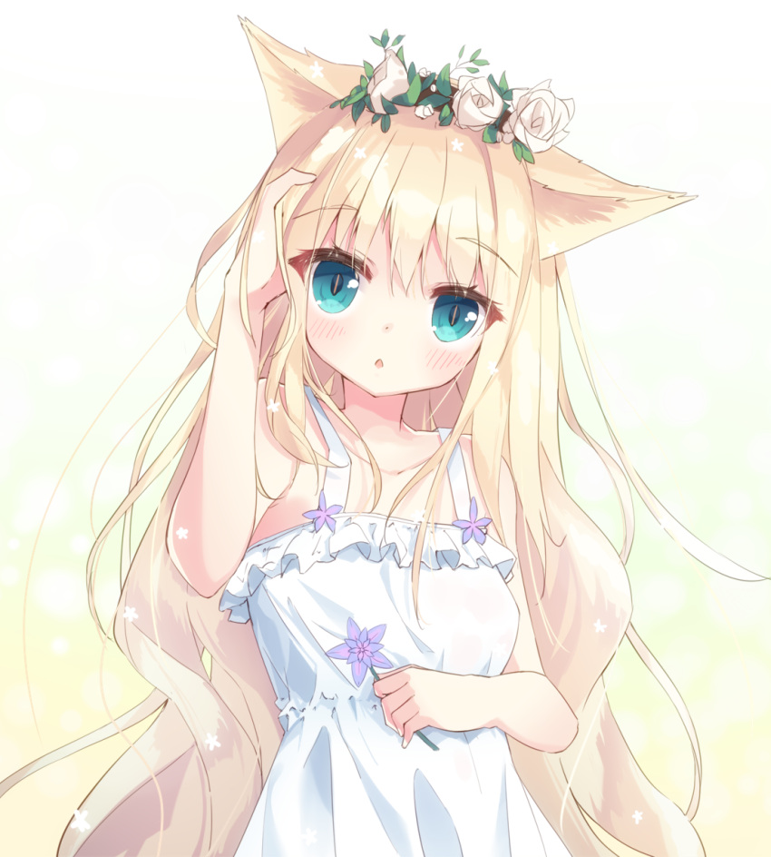 1girl :o animal_ears aqua_eyes arm_up bangs bare_arms bare_shoulders blonde_hair blush breasts cat_ears collarbone commentary_request dress eyebrows_visible_through_hair flower hair_between_eyes hair_flower hair_ornament hamaru_(s5625t) highres holding holding_flower long_hair original parted_lips purple_flower rose sleeveless sleeveless_dress small_breasts solo very_long_hair white_dress white_flower white_rose
