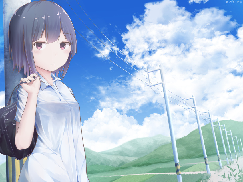 1girl absurdres bag bangs blue_sky blush breasts brown_eyes brown_hair closed_mouth clouds cloudy_sky collared_shirt commentary_request day eyebrows_visible_through_hair fingernails hair_between_eyes hamayuu_(litore) hand_up highres looking_at_viewer mountain original outdoors power_lines school_bag shirt short_sleeves sky small_breasts solo summer telephone_pole twitter_username white_shirt