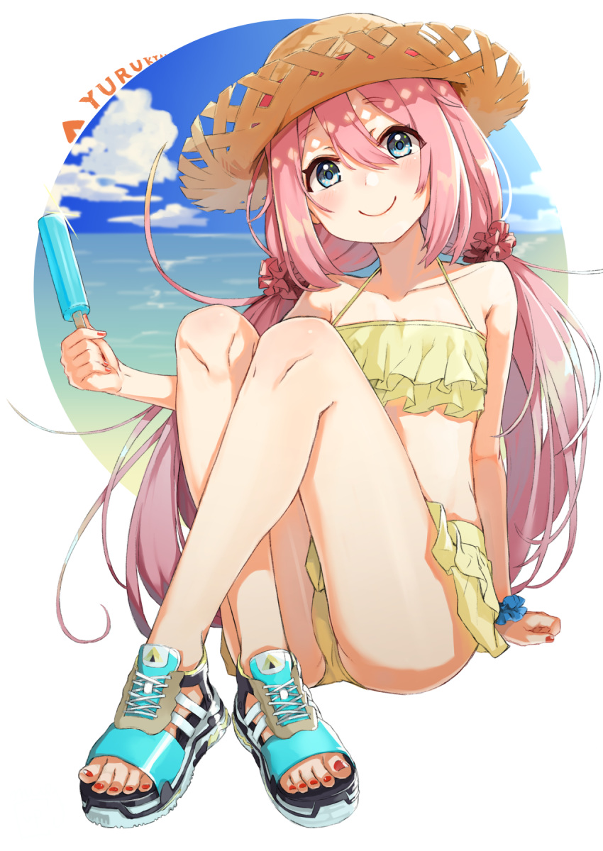 1girl arm_support ass bangs bikini bikini_skirt blue_eyes blue_sky blush collarbone commentary_request copyright_name cross-laced_footwear day eyebrows_visible_through_hair fingernails food full_body hair_between_eyes hair_ornament hair_scrunchie hat hat_ribbon head_tilt highres holding holding_food kagamihara_nadeshiko knees_up legs_crossed long_hair looking_at_viewer low_twintails mugcup nail_polish ocean outdoors outside_border pink_hair popsicle red_nails ribbon scrunchie shoes sitting sky smile sneakers solo straw_hat swimsuit toenails toes twintails very_long_hair water wrist_scrunchie yellow_bikini yurucamp