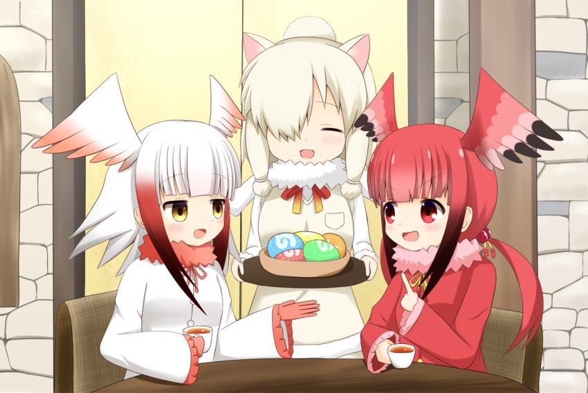 3girls :d alpaca_suri_(kemono_friends) bangs black_hair blush brown_eyes chair closed_eyes commentary_request cup eye_contact eyebrows_visible_through_hair facing_viewer food frilled_sleeves frills gloves gradient_hair grey_hair hair_over_one_eye head_wings holding holding_cup holding_tray index_finger_raised jacket japanese_crested_ibis_(kemono_friends) japari_bun japari_symbol kemono_friends light_brown_hair long_hair long_sleeves looking_at_another multicolored_hair multiple_girls open_mouth red_eyes red_gloves red_jacket red_wings redhead scarlet_ibis_(kemono_friends) shin01571 smile table teacup tray v-shaped_eyebrows white_jacket white_wings wide_sleeves wings