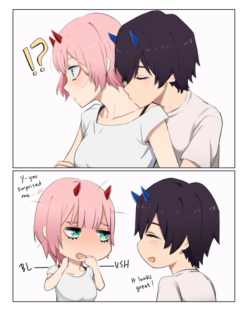 !? 1boy 1girl bangs beige_shirt black_hair blue_eyes blue_horns blush bra_strap breasts closed_eyes collarbone colored comic commentary couple darling_in_the_franxx english green_eyes hand_on_another's_arm hand_on_own_neck hand_to_own_mouth hetero highres hiro_(darling_in_the_franxx) horns hug hug_from_behind k_016002 looking_at_another medium_breasts off_shoulder oni_horns pink_hair red_horns shirt short_hair speech_bubble upper_body white_shirt zero_two_(darling_in_the_franxx)