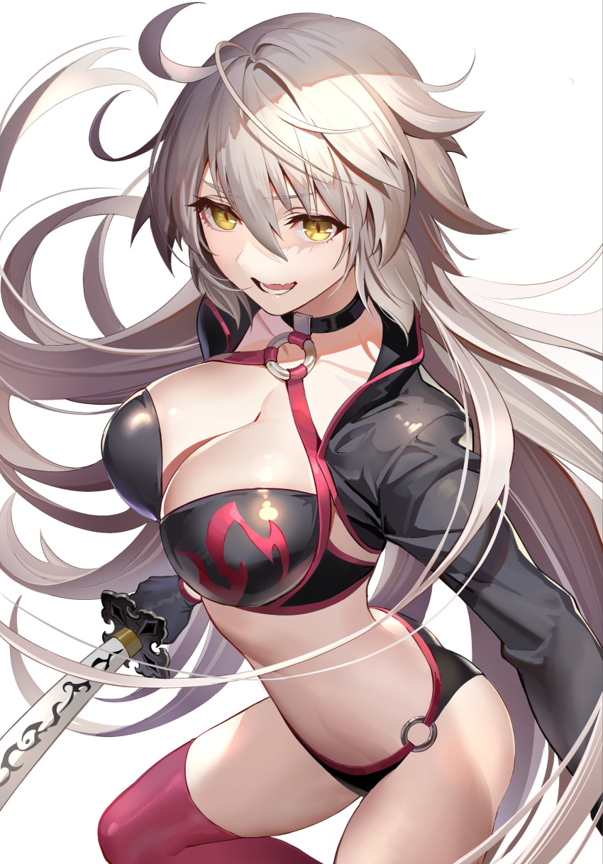 1girl absurdres ahoge bangs bikini black_bikini blonde_hair blue_eyes braid breasts choker cleavage collarbone commentary_request cowboy_shot cropped_jacket eyebrows_visible_through_hair fate/grand_order fate_(series) floating_hair gloves hair_between_eyes hairband hand_on_hilt highres holding jacket jeanne_d'arc_(fate)_(all) jeanne_d'arc_(swimsuit_archer) katana large_breasts long_hair long_sleeves o-ring o-ring_bikini open_mouth red_legwear sidelocks simple_background single_thighhigh smile solo standing swimsuit sword teffish thigh-highs very_long_hair weapon white_background yellow_eyes
