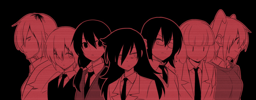 6+girls bags_under_eyes blazer commentary_request freckles glasses hair_between_eyes hair_tie half_opaque_glasses jacket komiyama_kotomi kuroki_tomoko light_frown lineup long_hair looking_to_the_side low_twintails monochrome multiple_girls necktie nemoto_hina partial_commentary profile red satou_yuuki school_uniform short_hair sideways_glance sweater tamura_yuri tanaka_mako twintails two_side_up uchi_emiri watashi_ga_motenai_no_wa_dou_kangaetemo_omaera_ga_warui! yoshida_masaki |_|