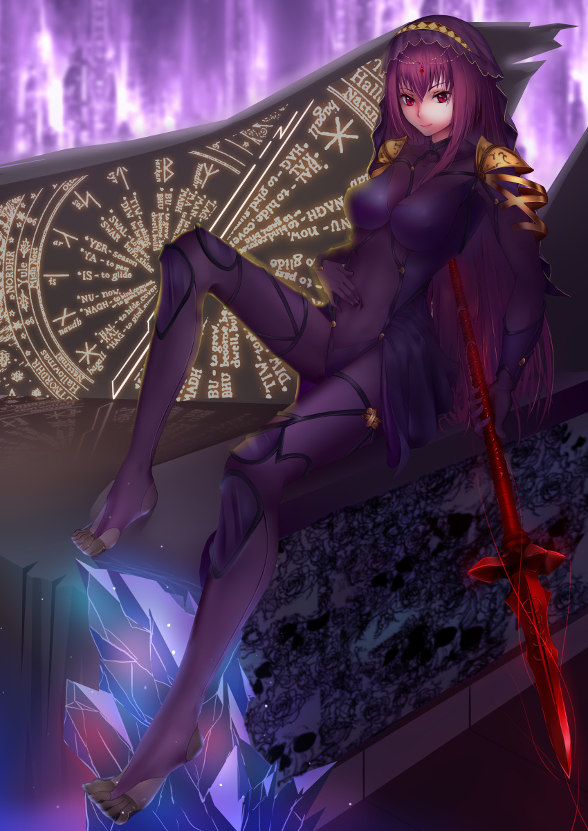 1girl absurdres bodysuit breasts covered_navel fate/grand_order fate_(series) gae_bolg hair_intakes highres holding holding_weapon large_breasts long_hair looking_at_viewer no_shoes pantyhose pauldrons polearm purple_bodysuit purple_hair red_eyes scathach_(fate)_(all) scathach_(fate/grand_order) shoulder_armor solo spear toes veil weapon wuti