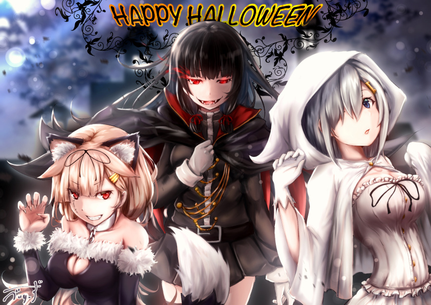 3girls alternate_costume baileys_(tranquillity650) bangs black_hair black_jacket black_ribbon black_skirt blonde_hair blue_eyes blurry blurry_background blush breasts cape cleavage_cutout detached_sleeves dress eyebrows_visible_through_hair fake_ears fake_tail fangs floating_hair fur-trimmed_dress fur-trimmed_sleeves fur_trim gloves glowing glowing_eyes gradient_hair hair_flaps hair_ornament hair_over_one_eye hair_ribbon hairclip halloween halloween_costume hamakaze_(kantai_collection) hands_up hat head_tilt highres hood hood_up isokaze_(kantai_collection) jacket kantai_collection large_breasts long_hair looking_at_viewer messy_hair multicolored_hair multiple_girls night open_mouth paw_pose pleated_skirt red_eyes remodel_(kantai_collection) ribbon short_hair sidelocks silver_hair skirt smile stitching tail vampire_costume white_cloak white_dress white_gloves wind witch_hat yuudachi_(kantai_collection)