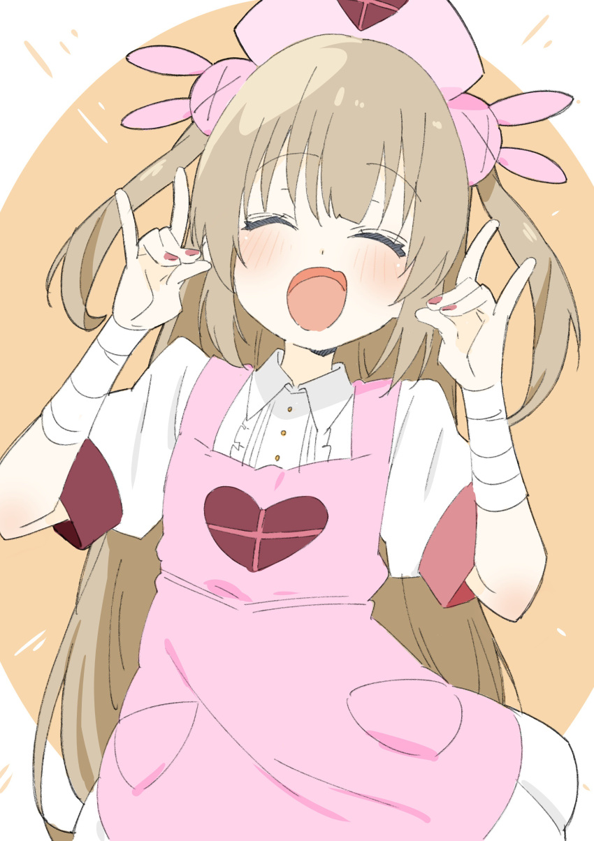 1girl absurdres apron bandage blush brown_hair closed_eyes donguri_suzume fingernails hair_ornament hand_gesture hat heart highres long_hair natori_sana nurse_cap open_mouth outstretched_arms sana_channel simple_background solo spread_arms twintails