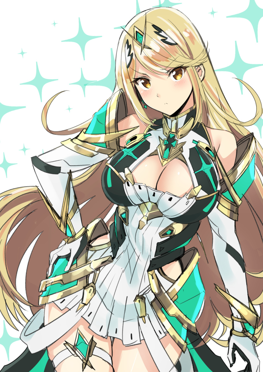 1girl :&lt; armor bangs bare_shoulders blonde_hair blush breasts cleavage cleavage_cutout closed_mouth cowboy_shot dress faulds gem gloves hand_on_hip highres mythra_(xenoblade) large_breasts long_hair looking_at_viewer shimo_(s_kaminaka) short_dress shoulder_armor simple_background solo sparkle swept_bangs thigh_strap thighs v-shaped_eyebrows very_long_hair white_dress white_gloves wrist_guards xenoblade_(series) xenoblade_2 yellow_eyes