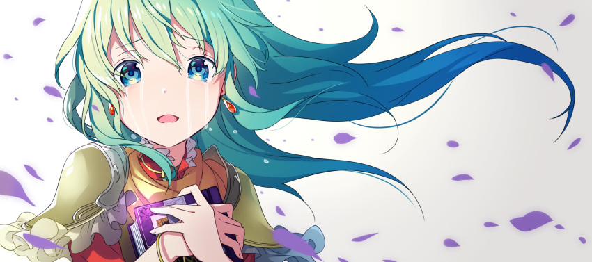 1girl aqua_hair blue_eyes book bracelet crying crying_with_eyes_open earrings eirika fire_emblem fire_emblem:_seima_no_kouseki fire_emblem_heroes highres holding holding_book jewelry long_hair open_mouth petals ringozaka_mariko shoulder_armor simple_background solo tears white_background