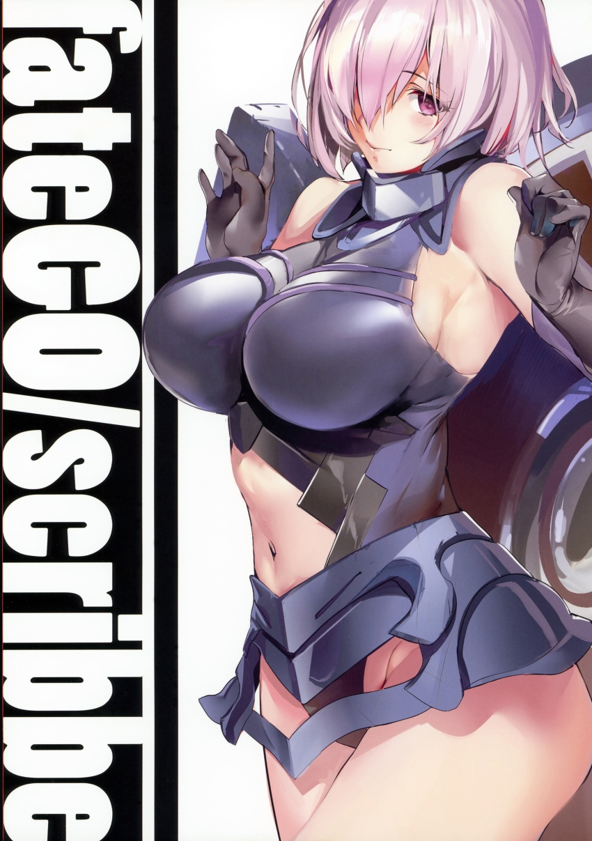 1girl absurdres armor armored_collar armored_dress armpits bangs bare_shoulders blush breasts closed_mouth cover cover_page elbow_gloves eyebrows_visible_through_hair fate/grand_order fate_(series) gloves hair_over_eyes hair_over_one_eye highres large_breasts lips looking_at_viewer marushin_(denwa0214) mash_kyrielight navel_cutout pink_eyes pink_hair scan shield shiny shiny_hair short_hair sideboob simple_background solo thighs white_background