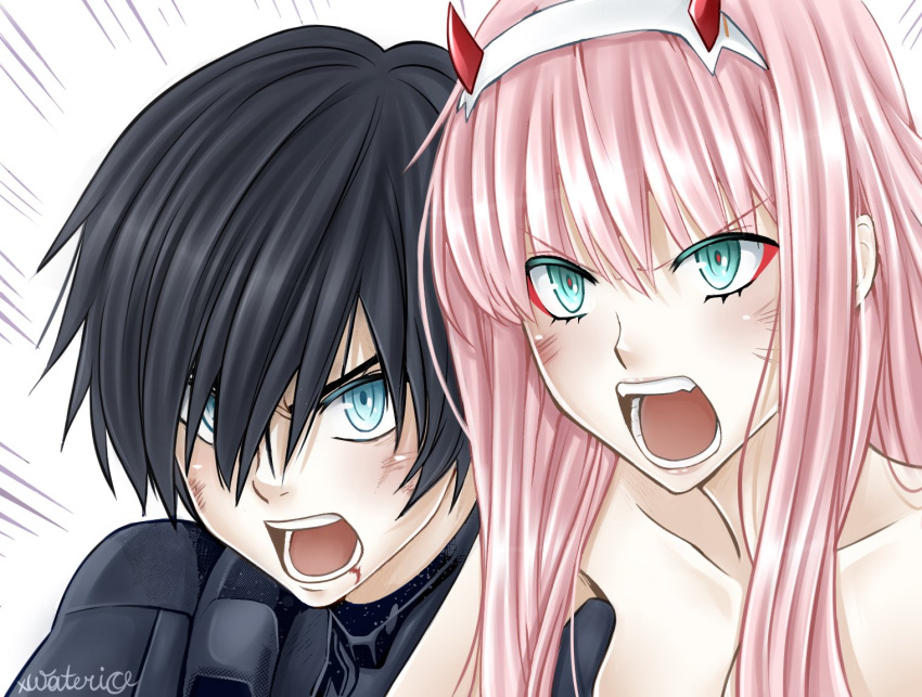 1boy 1girl bangs black_bodysuit black_hair blood blood_from_mouth blue_eyes bodysuit collarbone commentary couple darling_in_the_franxx dirty dirty_face english_commentary eyebrows_visible_through_hair fangs green_eyes hair_ornament hair_over_one_eye hairband hetero hiro_(darling_in_the_franxx) horns injury long_hair oni_horns open_mouth pilot_suit pink_hair red_horns screaming shirtless short_hair signature white_hairband xwaterice zero_two_(darling_in_the_franxx)
