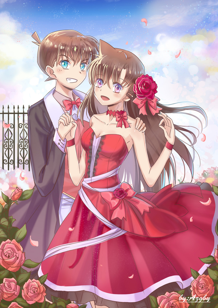 1boy 1girl :d azgby blue_eyes blue_sky bow bowtie breasts brown_hair choker cleavage clouds collarbone couple day dress eyebrows_visible_through_hair floating_hair flower grin hair_between_eyes hair_flower hair_ornament hand_holding hand_on_another's_shoulder highres kudou_shin'ichi long_hair medium_breasts meitantei_conan mouri_ran open_mouth outdoors petals pink_flower pink_rose red_bow red_dress red_flower red_rose rose sky sleeveless sleeveless_dress smile strapless strapless_dress very_long_hair violet_eyes wrist_cuffs