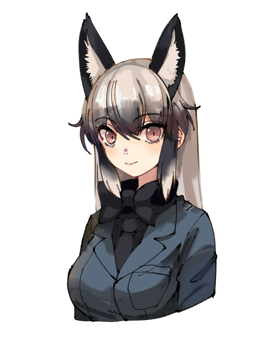 1girl animal_ears black_hair bow bowtie breast_pocket coat extra_ears eyebrows_visible_through_hair fox_ears grey_hair highres kemono_friends long_hair long_sleeves multicolored_hair necktie omnisucker pocket sidelocks silver_fox_(kemono_friends) smile solo upper_body