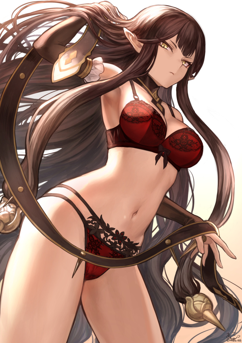 1girl armpits bangs bra breasts brown_hair cleavage collarbone commentary_request detached_collar fate/apocrypha fate/grand_order fate_(series) gradient gradient_background hair_between_eyes hair_ornament hand_in_hair highres hips large_breasts long_hair looking_at_viewer mashu_003 navel panties pointy_ears red_bra red_panties ribbon semiramis_(fate) serious sidelocks signature slit_pupils solo spikes thighs underwear very_long_hair waist yellow_eyes