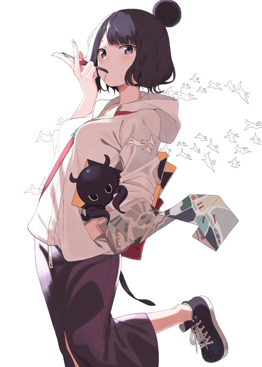 1girl absurdres amu_(258shin) bag bangs black_hair breasts fate/grand_order fate_(series) fingernails fountain_pen hair_bun hand_in_pocket highres holding holding_pen hood hood_down hoodie katsushika_hokusai_(fate/grand_order) leg_up long_skirt long_sleeves looking_at_viewer map medium_breasts mouth_hold octopus pen pocket shoes short_hair shoulder_bag simple_background skirt sneakers solo standing standing_on_one_leg violet_eyes white_background