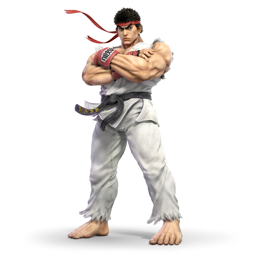 1boy 3d absurdres bandanna black_hair dougi fingerless_gloves gloves headband highres male_focus muscle official_art ryuu_(street_fighter) short_hair solo street_fighter super_smash_bros. super_smash_bros_ultimate