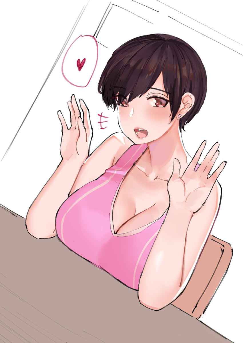 1girl absurdres bangs bare_shoulders blush breast_rest breasts brown_eyes brown_hair chair cleavage collarbone commentary earrings english_commentary hands_up heart highres jewelry large_breasts looking_at_viewer norman_maggot ol-chan_(norman_maggot) open_mouth original pink_tank_top pixie_cut short_hair sitting solo swept_bangs table tank_top