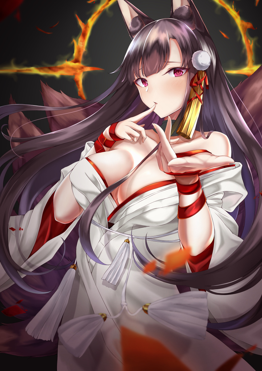 1girl absurdres akagi_(azur_lane) animal_ears azur_lane bangs black_hair blush breasts bride cleavage collarbone commentary dress eyebrows_visible_through_hair finger_to_mouth floating_hair fox_ears fox_tail gloves hair_ornament highres hood japanese_clothes kimono large_breasts long_hair looking_at_viewer multiple_tails no_bra numaguro_(tomokun0808) off_shoulder open_mouth reaching_out red_eyes ribbon shikigami smile solo tail tassel uchikake upper_body wedding_dress white_kimono wide_sleeves wind wind_lift wrist_ribbon