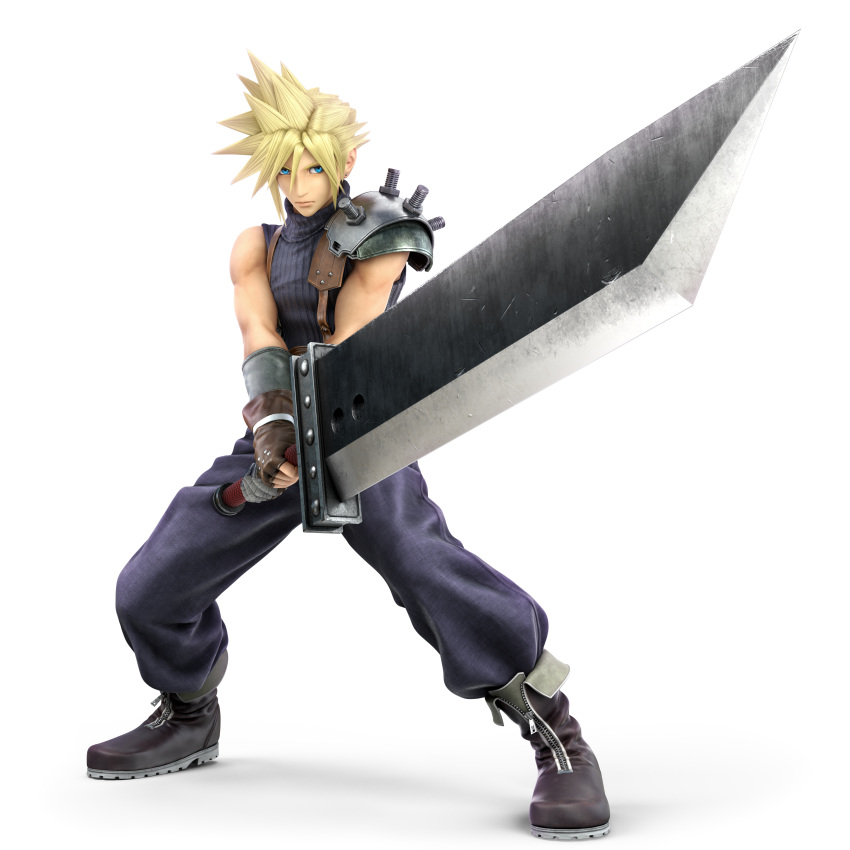 1boy 3d absurdres blonde_hair blue_eyes buster_sword cg closed_mouth cloud_strife final_fantasy final_fantasy_vii fingerless_gloves full_body gloves highres holding holding_sword holding_weapon male_focus official_art shoulder_armor sleeveless sleeveless_turtleneck solo spiky_hair super_smash_bros. super_smash_bros_ultimate sword weapon zipper_footwear