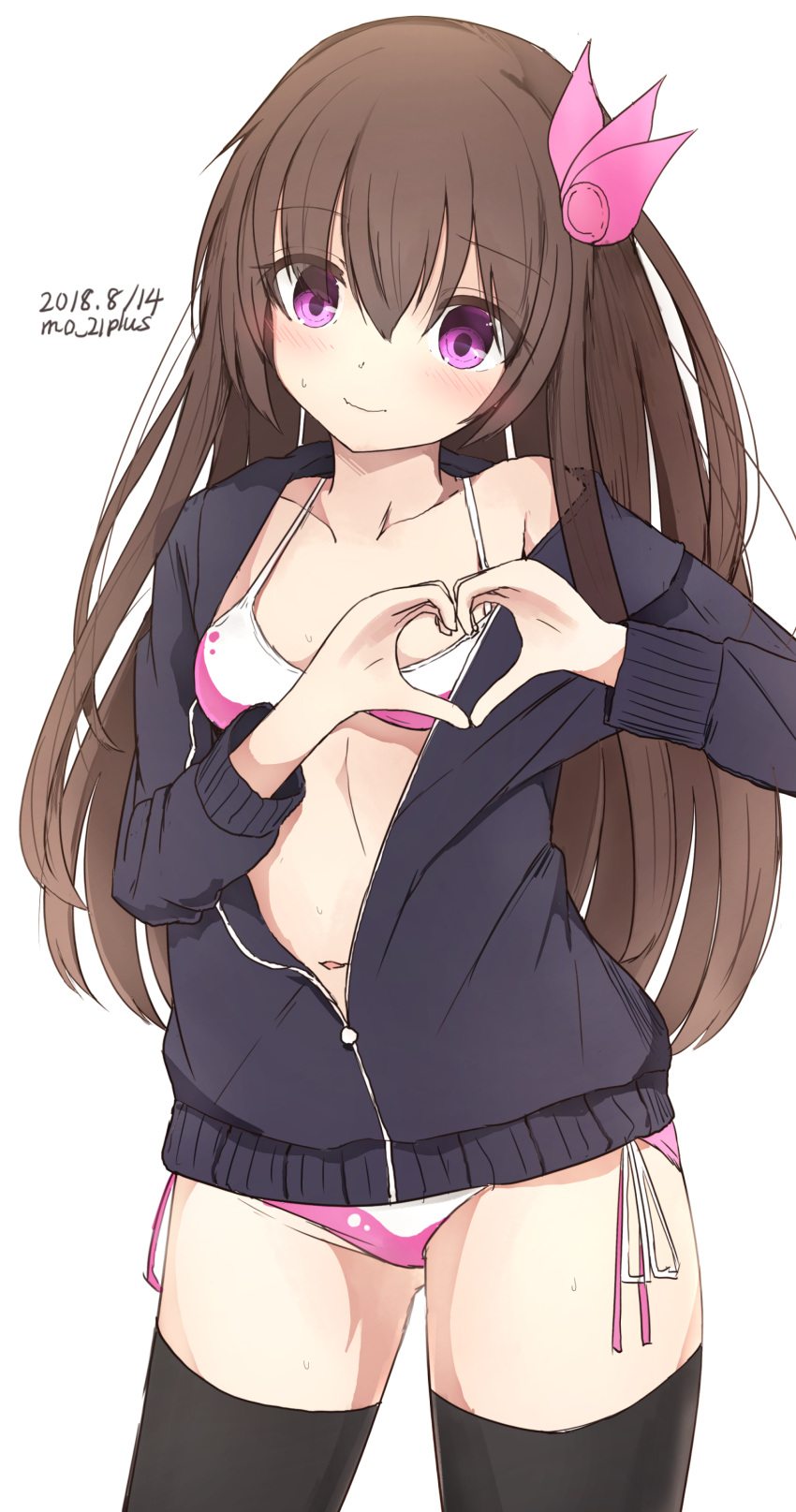 absurdres bikini black_legwear blush breasts brown_hair collarbone dated embarrassed hair_ornament heart heart_hands highres jacket kantai_collection kisaragi_(kantai_collection) long_hair munehiro_(21plus) pink_bikini remodel_(kantai_collection) ribbon simple_background small_breasts swimsuit swimsuit_under_clothes thigh-highs twitter_username violet_eyes wavy_mouth white_background