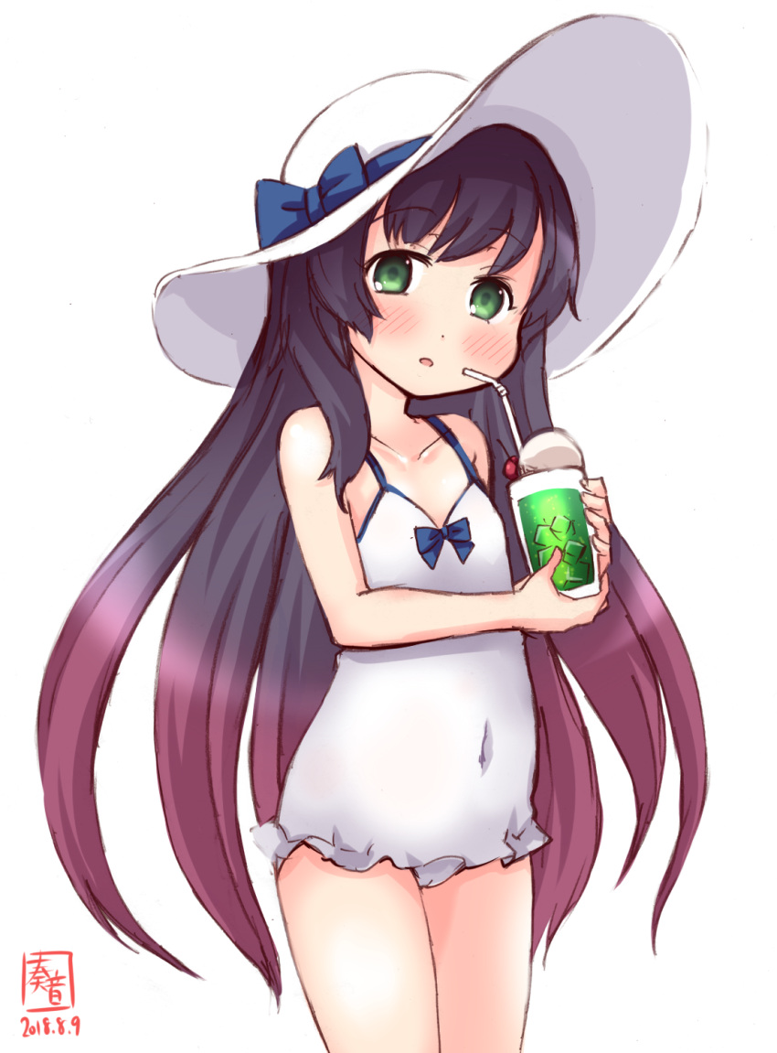 1girl blue_bow blush bow eyebrows_visible_through_hair food frills green_eyes hat hat_bow highres ice_cream ice_cream_float kanon_(kurogane_knights) kantai_collection matsuwa_(kantai_collection) multicolored_hair open_mouth pink_hair purple_hair simple_background swimsuit white_background white_hat white_swimsuit