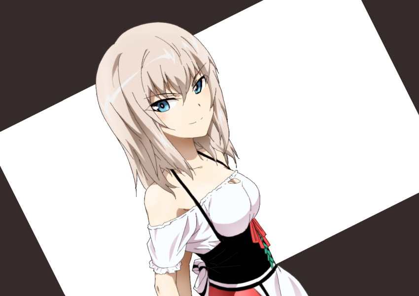 1girl alternate_costume apron bangs bare_shoulders breasts cleavage closed_mouth commentary corset cwind dirndl dutch_angle eyebrows_visible_through_hair from_side german_clothes girls_und_panzer itsumi_erika long_hair looking_at_viewer medium_breasts off-shoulder_shirt red_skirt shirt short_sleeves skirt smile solo standing underbust upper_body waist_apron white_apron white_shirt