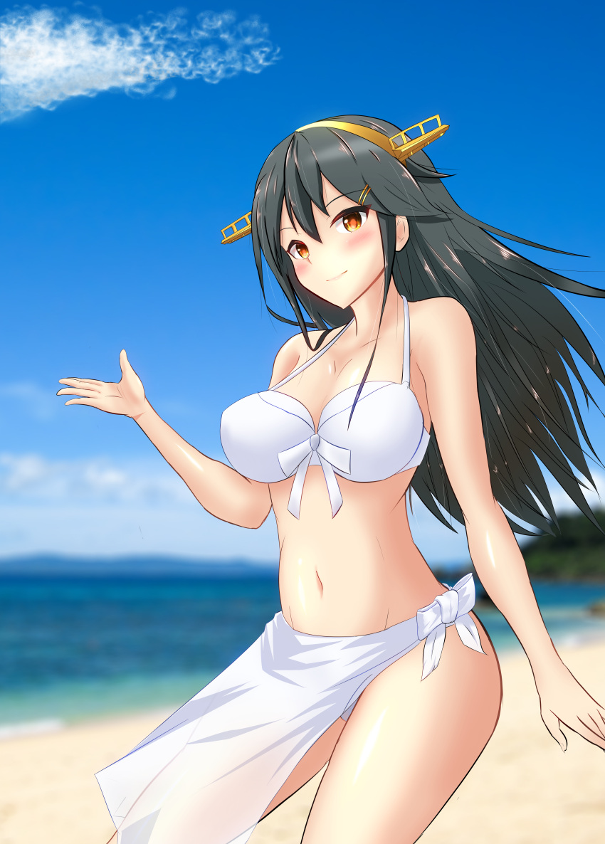 1girl absurdres bare_shoulders beach bikini black_hair blush breasts brown_eyes cowboy_shot hair_between_eyes hair_ornament hairclip haruna_(kantai_collection) headgear highres kantai_collection large_breasts long_hair looking_at_viewer manjukannon midriff navel outdoors smile solo swimsuit white_bikini