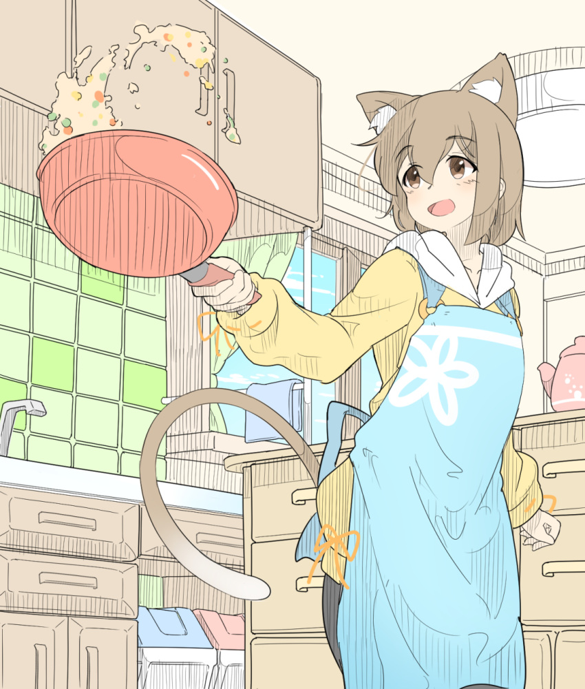 1girl animal_ears apron artist_request brown_eyes brown_hair cat_ears cooking food fried_rice frying_pan highres holding hood hoodie indoors kitchen open_mouth original solo tail