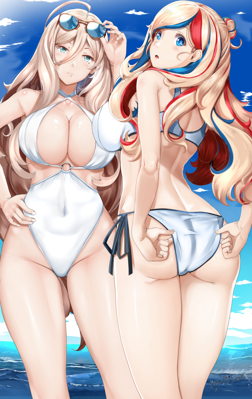 2girls absurdres ass ass_visible_through_thighs bikini blonde_hair blue_eyes blue_sky blush breasts chiyo_goya clouds collarbone commandant_teste_(kantai_collection) criss-cross_halter day from_behind halterneck hand_under_clothes highres kantai_collection large_breasts long_hair looking_at_viewer multicolored_hair multiple_girls navel one-piece_swimsuit outdoors richelieu_(kantai_collection) sky sunglasses swimsuit thighs upper_body white_bikini