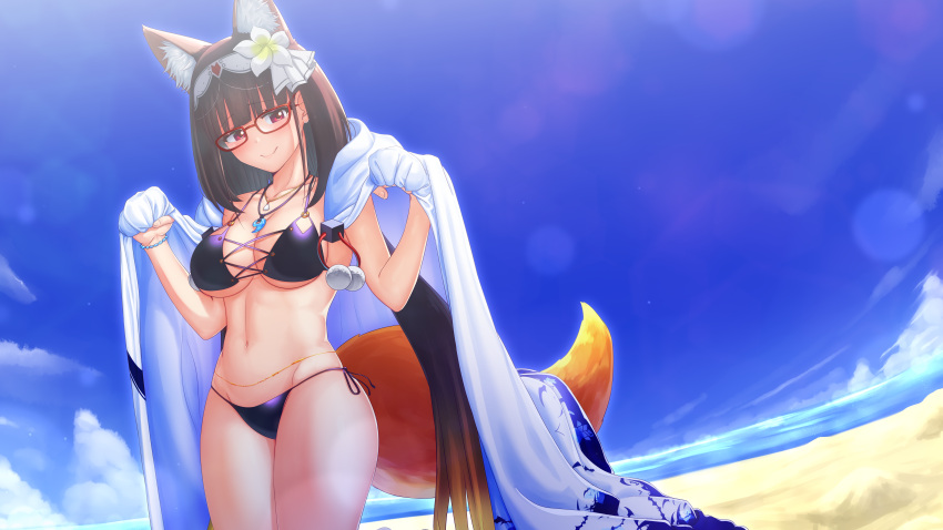 1girl absurdres animal_ears beach bikini black_hair breasts cleavage collarbone day fate/grand_order fate_(series) flower fox_ears fox_tail glasses groin hair_flower hair_ornament highres huge_filesize jewelry lady_foxy large_breasts light_smile long_hair looking_at_viewer magatama_necklace mkon multicolored_hair navel osakabe-hime_(fate/grand_order) outdoors side-tie_bikini solo swimsuit tail twintails very_long_hair violet_eyes