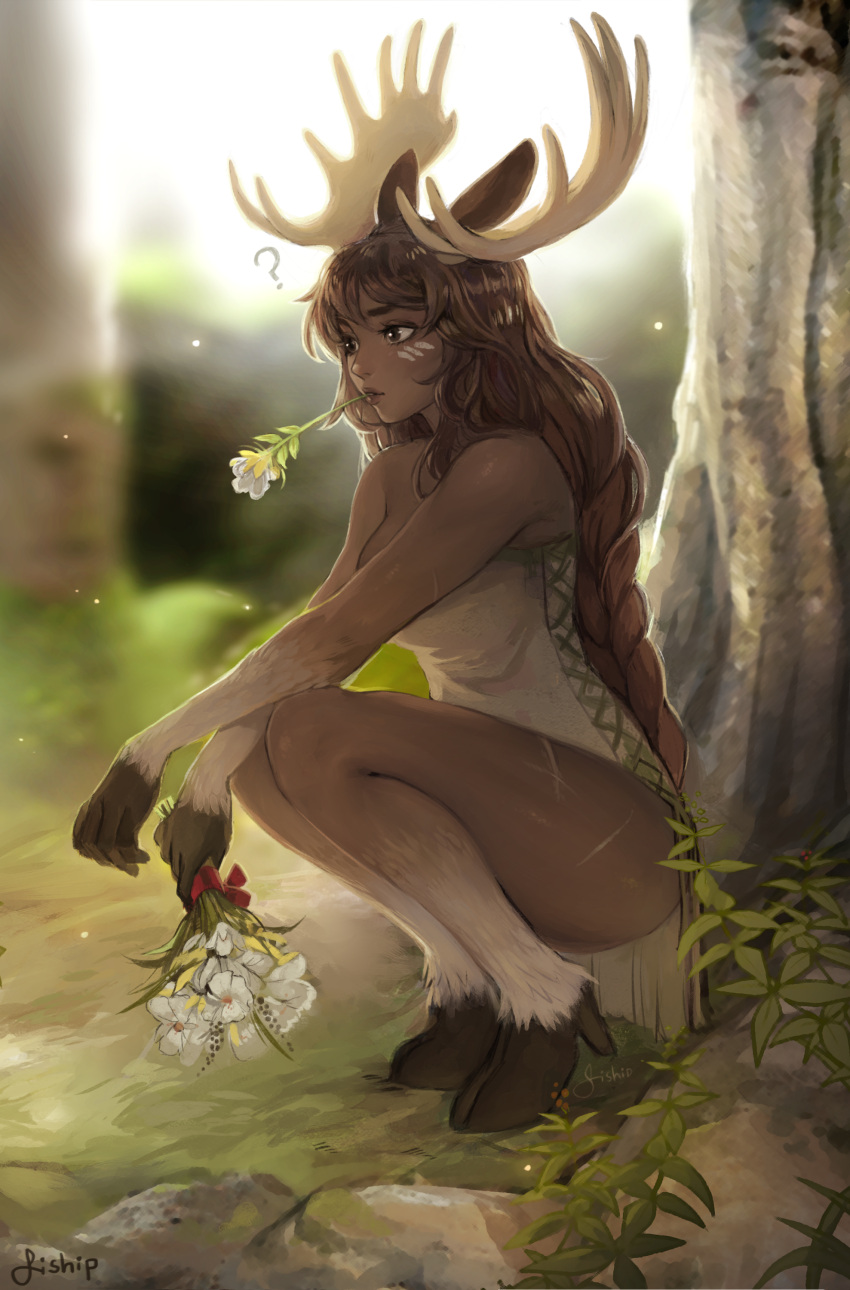 1girl ? absurdres animal_ears antlers artist_name bare_legs bare_shoulders barefoot blurry bouquet braid brown_eyes brown_hair crossed_arms dark_skin day depth_of_field dress flower flower_in_mouth full_body fur highres holding holding_bouquet hooves long_hair matilda_vin monster_girl moose_ears moose_girl nature outdoors plant scar solo squatting strapless strapless_dress tree very_long_hair