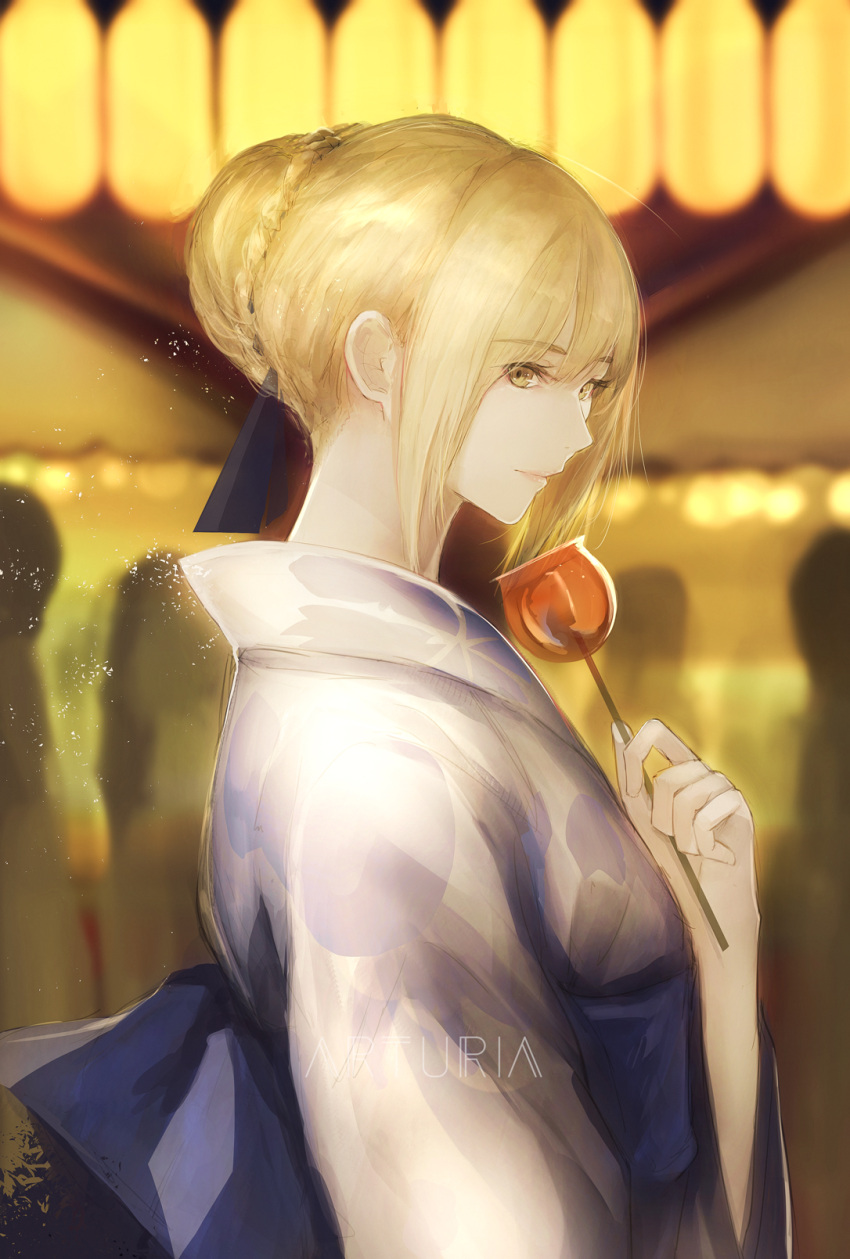1girl artoria_pendragon_(all) bangs blonde_hair blue_bow bow braid brown_eyes candy_apple character_name closed_mouth commentary_request eyebrows_visible_through_hair fate/stay_night fate_(series) food hair_between_eyes hair_bun hand_up highres holding holding_food japanese_clothes kimono lantern long_sleeves looking_at_viewer looking_to_the_side marumoru obi paper_lantern saber sash sidelocks solo transparent white_kimono wide_sleeves