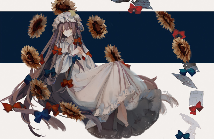 1girl absurdres banner blue_bow bow braid closed_eyes commentary_request crescent crescent_moon_pin flower hat highres own_hands_together paper patchouli_knowledge purple_hair red_bow simple_background sunflower touhou twin_braids zhixie_jiaobu