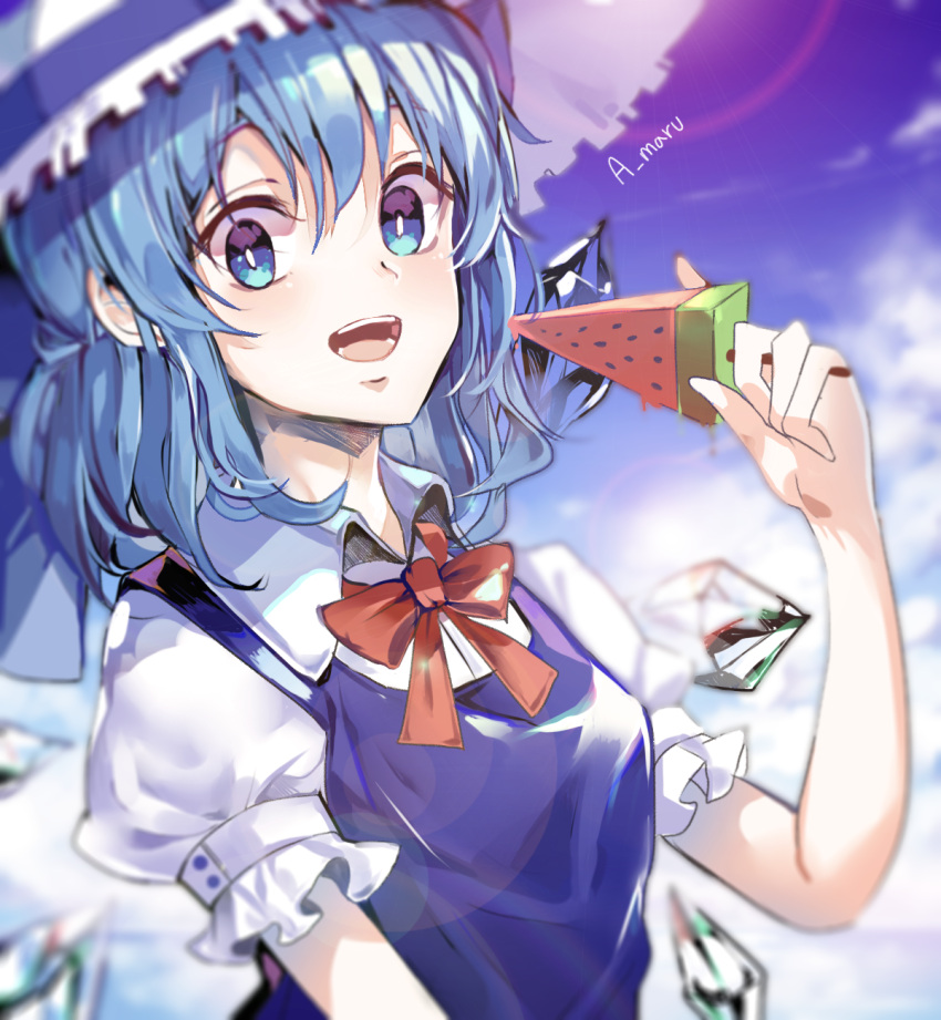 1girl :d blue_eyes blue_hair blue_ribbon blurry blurry_background bow bowtie cirno day food hair_between_eyes hat hat_ribbon highres holding holding_food lens_flare looking_at_viewer open_mouth outdoors popsicle red_bow ribbon shirt short_hair short_sleeves smile solo sun_hat touhou unity_(ekvmsp02) upper_body watermelon_bar white_hat white_shirt