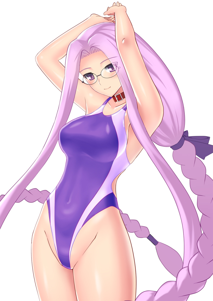 1girl artist_request breasts collar collarbone commentary competition_swimsuit cowboy_shot eyebrows_visible_through_hair eyes_visible_through_hair fate/stay_night fate_(series) glasses hands_above_head highleg highleg_swimsuit highres large_breasts long_braid long_hair looking_at_viewer one-piece_swimsuit purple_hair ribbon rider side_locks smile solo square_pupils swimsuit very_long_hair violet_eyes