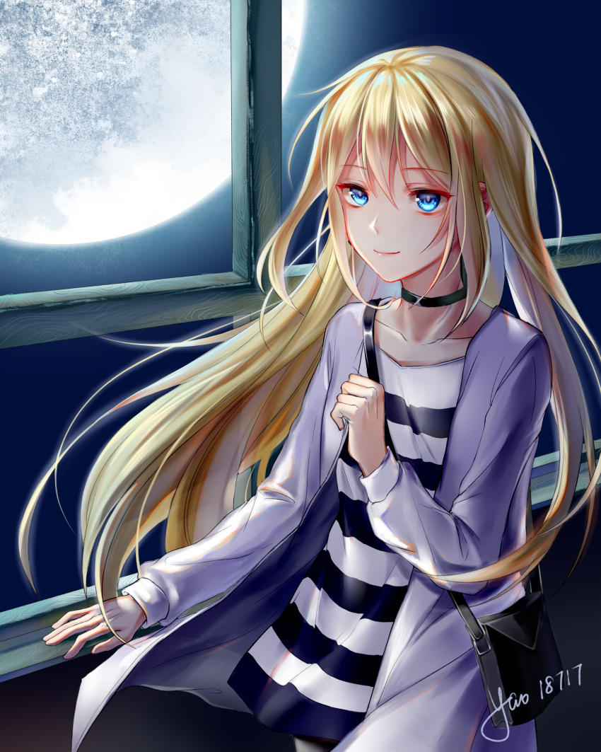 1girl absurdres bag blonde_hair blue_eyes collar collarbone floating_hair full_moon hair_between_eyes handbag highres indoors long_hair moon night rachel_gardner satsuriku_no_tenshi shirt signature smile solo striped striped_shirt very_long_hair window youtai_(pixiv19763295)