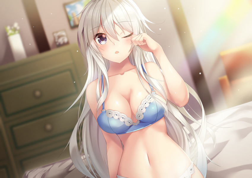 1girl absurdres amagi_korona arm_up bare_shoulders bedroom blush bra breasts chair cleavage cleavage_cutout dutch_angle eyebrows_visible_through_hair flower_pot grey_hair hair_between_eyes hair_over_shoulder hand_on_own_face highres indoors large_breasts lingerie long_hair looking_at_viewer navel one_eye_closed open_mouth original panties solo standing sunlight underwear very_long_hair white_hair white_panties